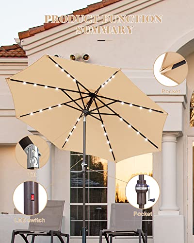 Zersun 9FT Patio Umbrella, Solar Powered LED Umbrellas with 32 LED Lights 8 Ribs/Tilt Adjustment and Crank Lift System for Garden, Backyard and Pool - Tan