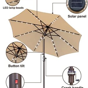 Zersun 9FT Patio Umbrella, Solar Powered LED Umbrellas with 32 LED Lights 8 Ribs/Tilt Adjustment and Crank Lift System for Garden, Backyard and Pool - Tan