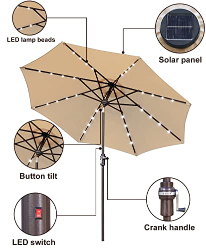 Zersun 9FT Patio Umbrella, Solar Powered LED Umbrellas with 32 LED Lights 8 Ribs/Tilt Adjustment and Crank Lift System for Garden, Backyard and Pool - Tan