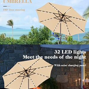 Zersun 9FT Patio Umbrella, Solar Powered LED Umbrellas with 32 LED Lights 8 Ribs/Tilt Adjustment and Crank Lift System for Garden, Backyard and Pool - Tan