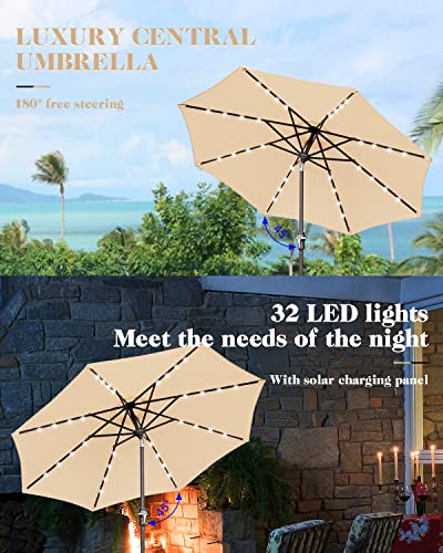 Zersun 9FT Patio Umbrella, Solar Powered LED Umbrellas with 32 LED Lights 8 Ribs/Tilt Adjustment and Crank Lift System for Garden, Backyard and Pool - Tan