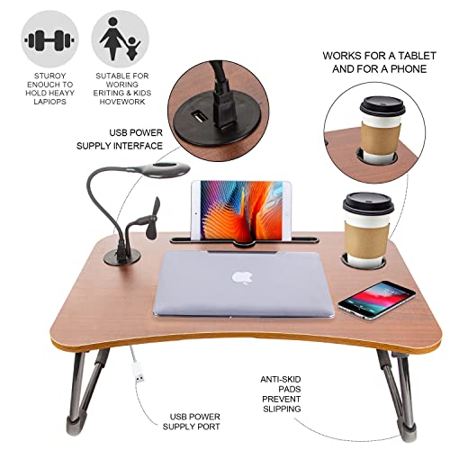 Highger Lap desks for Laptop and Writing with Light and Fan,Bed Table Lap Bed Tray with Storage Drawer,USB Port and Cup Holder,Laptop Stands Tray for Breakfast and Reading