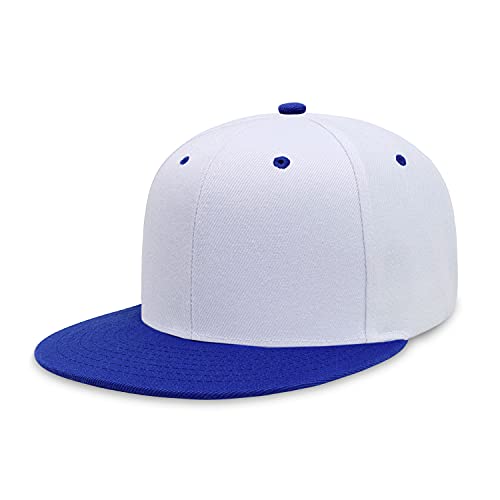 CHOK.LIDS Flat Bill Visor Classic Snapback Hat Blank Adjustable Brim High Top End Trendy Color Style Two Tone Baseball Cap (White/Royal)