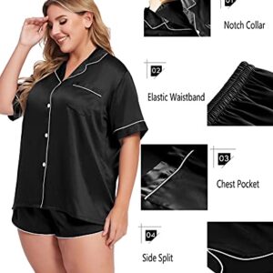 SWOMOG Womens Satin Plus Size Pajamas Silk Button Down Shorts Set Pajama Shorts 2Pcs Short Sleeve Pjs Sets Loungewear Black