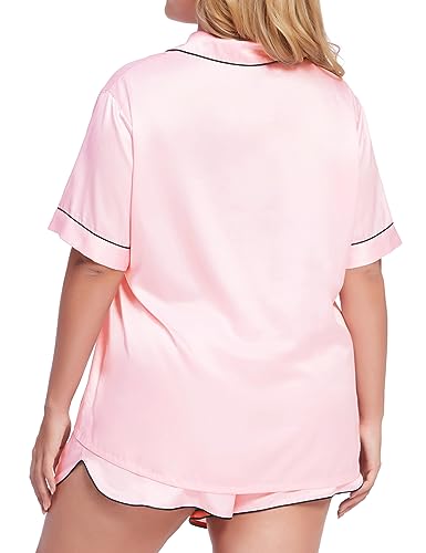 SWOMOG Women's Satin Plus Size Pajamas Silk Short Sleeve Pjs Sets Button Down Silk Sleepwear 2 Piece Bridal Pjs Loose Outfits Pink