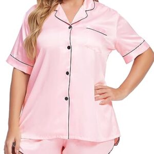 SWOMOG Women's Satin Plus Size Pajamas Silk Short Sleeve Pjs Sets Button Down Silk Sleepwear 2 Piece Bridal Pjs Loose Outfits Pink