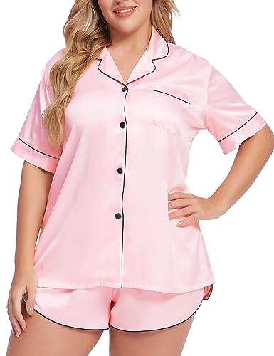 SWOMOG Women's Satin Plus Size Pajamas Silk Short Sleeve Pjs Sets Button Down Silk Sleepwear 2 Piece Bridal Pjs Loose Outfits Pink