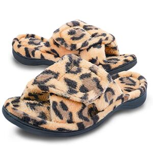 Git-up Women's Memory Foam Slippers with Arch Support Adjustable Hook and Loop Slippers Diabetic Open Toe Soft Bedroom House Slippers for Indoor Outdoor Shoes LEOPARD US 6.5/7.5