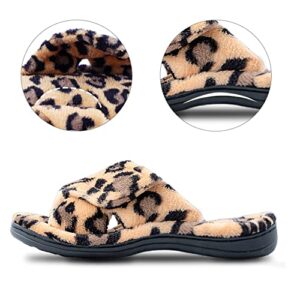 Git-up Women's Memory Foam Slippers with Arch Support Adjustable Hook and Loop Slippers Diabetic Open Toe Soft Bedroom House Slippers for Indoor Outdoor Shoes LEOPARD US 6.5/7.5