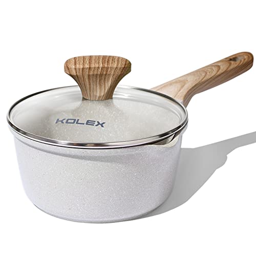 KOLEX 2 Quart Nonstick Sauce Pan With Lid, Nonstick Granite Saucepan for All Stove Top, Sauce Pan Small Soup Pot Milk Pan with Pour Spouts, PFOA Free, Induction Competiable (White Granite, 2 Qt)