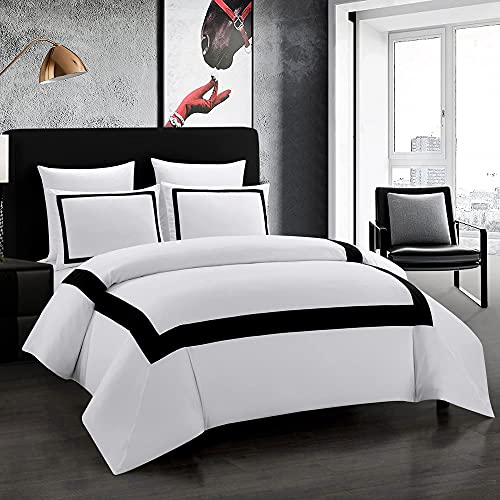 OSVINO Hotel Duvet Cover Set Queen Size 3Pcs Microfiber Black Line Pattern Bedding Collection Ultra Soft Breathable Duvet Cover with Pillowcases