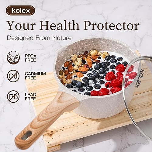 KOLEX 2 Quart Nonstick Sauce Pan With Lid, Nonstick Granite Saucepan for All Stove Top, Sauce Pan Small Soup Pot Milk Pan with Pour Spouts, PFOA Free, Induction Competiable (White Granite, 2 Qt)