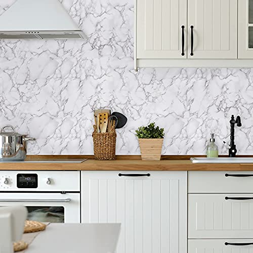 Caltero Marble Contact Paper 15.7" x 118" White Grey Marble Wallpaper Peel and Stick Glossy Marble Contact Paper Self Adhesive Contact Paper for Countertop Kitchen Cabinets Bathroom