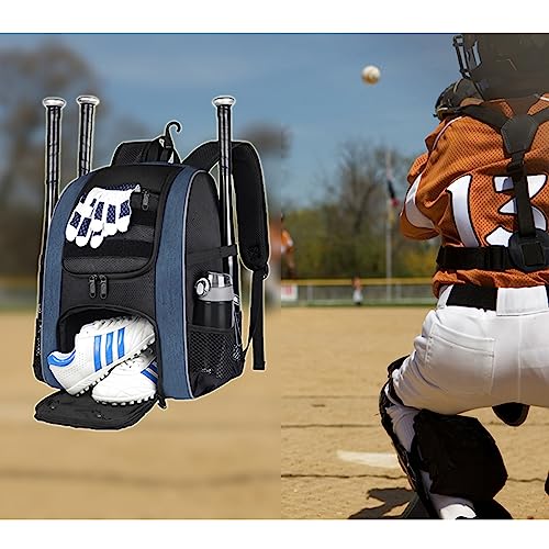 MATEIN Baseball Backpack, Lightweight Softball Bag with Shoes Compartment for Men, Large Capacity Baseball Bags Gift for Adults with Fence Hook Hold 4 Tee Ball Bats, TBall Gear, Helmet