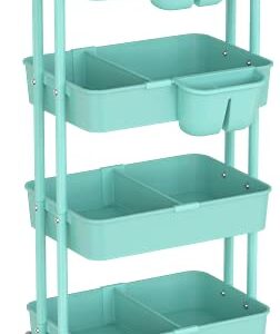 SimpleHouseware 4-Tier Multifunctional Rolling Utility Cart with Basket Dividers and Hanging Buckets, Turquoise