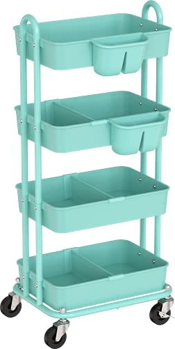 SimpleHouseware 4-Tier Multifunctional Rolling Utility Cart with Basket Dividers and Hanging Buckets, Turquoise