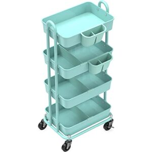 SimpleHouseware 4-Tier Multifunctional Rolling Utility Cart with Basket Dividers and Hanging Buckets, Turquoise