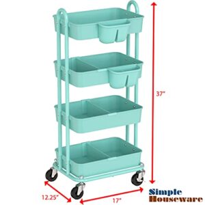 SimpleHouseware 4-Tier Multifunctional Rolling Utility Cart with Basket Dividers and Hanging Buckets, Turquoise