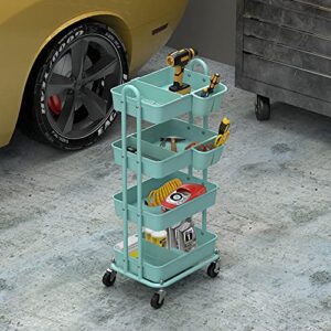 SimpleHouseware 4-Tier Multifunctional Rolling Utility Cart with Basket Dividers and Hanging Buckets, Turquoise