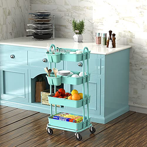 SimpleHouseware 4-Tier Multifunctional Rolling Utility Cart with Basket Dividers and Hanging Buckets, Turquoise