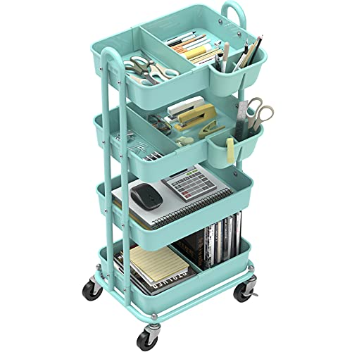 SimpleHouseware 4-Tier Multifunctional Rolling Utility Cart with Basket Dividers and Hanging Buckets, Turquoise