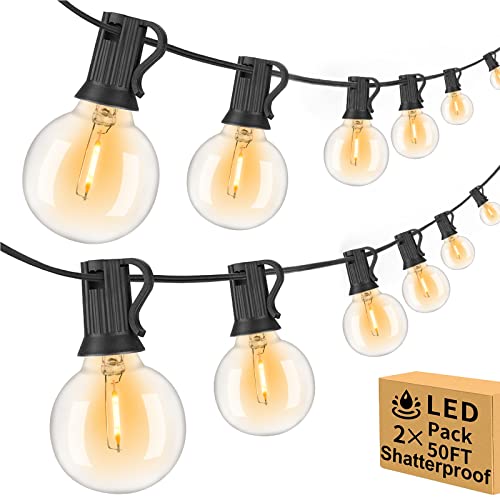 100ft 2-Pack Outdoor String Lights Waterproof with 52 LED Dimmable Shatterproof Bulbs, UL Approval Globe G40 String Lights 1W 2700K Outdoor Lighting for Patio Backyard Cafe Party Wedding Garden