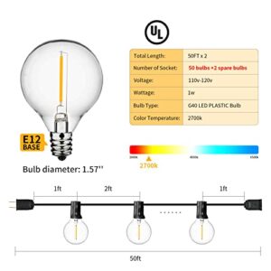 100ft 2-Pack Outdoor String Lights Waterproof with 52 LED Dimmable Shatterproof Bulbs, UL Approval Globe G40 String Lights 1W 2700K Outdoor Lighting for Patio Backyard Cafe Party Wedding Garden