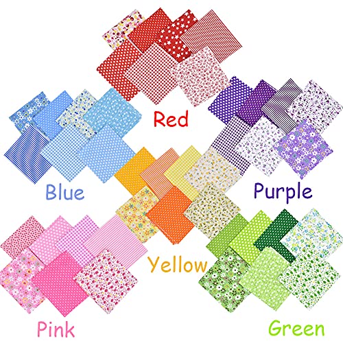 42Pcs 10"x10" Quilting Cotton Fabric Squares Sheets Pre-Cut Multi-Color Design Printed Floral Craft Fabric for DIY Sewing Scrapbooking Quilting Craft Patchwork (Red/Pink/Yellow/Green/Blue/Purple)