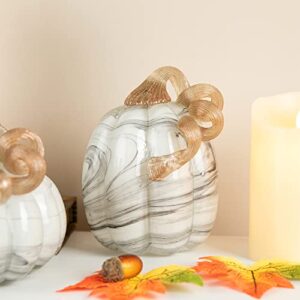 Glitzhome Set of 3 Hand Blown Glitter Glass Pumpkin Table Accent Home Decor for Fall & Harvest Thanksgiving Decorating, Gray Marble