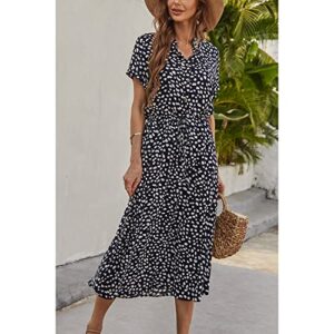 BROVAVE Women's Summer Polka Dot Print Shirt Dress Vintage Short Sleeve Button Down Midi Dress(Dark Blue, S)