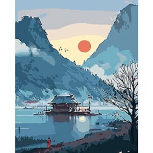 filaslft landscape, japanese paint by numbers for adults beginner, lake, home wall decor16x20 inch
