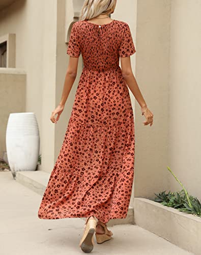 Maggeer 2023 Womens Summer and Fall Maxi Dress Modest Smocked Tiered Floral Short Sleeve Dress for Women Floral XL