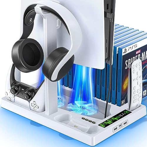 OIVO PS5 Stand with Cooling Fan and Headphone Stand, PS5 Cooling Fan with PS5 Controller Charger for Playstation 5, PS5 Charger with Storage 15 Game