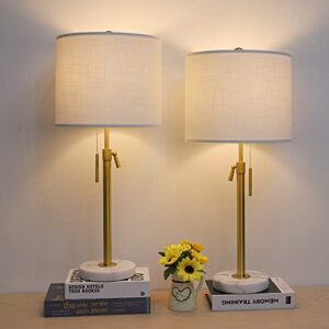 lamp modern set of 2: 22" to 30" height adjustable pull chain switch for living room bedroom end table, marble base white linen shade golden pole nightstand lamp brass for office, bedside table