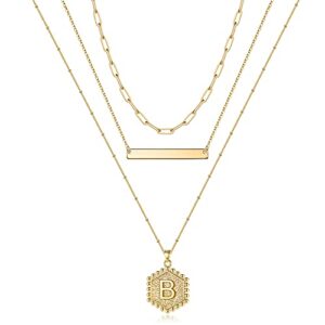 turandoss layered initial necklaces for women, 14k gold plated cute bar necklace layering hexagon letter pendant bead chain necklace gold layered necklaces jewelry gifts for women (b)