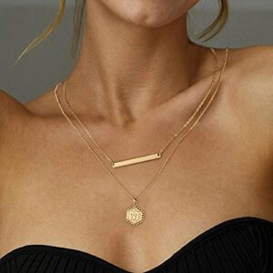 Turandoss Layered Initial Necklaces for Women, 14K Gold Plated Cute Bar Necklace Layering Hexagon Letter Pendant Bead Chain Necklace Gold Layered Necklaces Jewelry Gifts for Women (B)