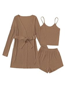 verdusa women's 3 piece cami top & shorts lounge sleepwear pajama set with robe mocha brown s