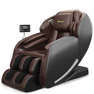 real relax full zero gravity sl-track shiatsu massage recliner chair with heat body scan bluetooth foot roller, 57.48d x 28.34w x 42.12h inch, brown