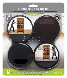 slipstick premium furniture sliders for all floor surfaces (16 piece moving kit) reusable 3.5” round furniture movers for sliding furniture on hardwood & carpet, black, cb13-1-16