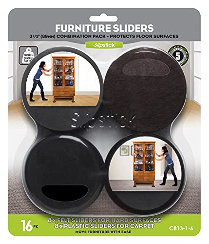 Slipstick Premium Furniture Sliders for All Floor Surfaces (16 Piece Moving Kit) Reusable 3.5” Round Furniture Movers for Sliding Furniture on Hardwood & Carpet, Black, CB13-1-16