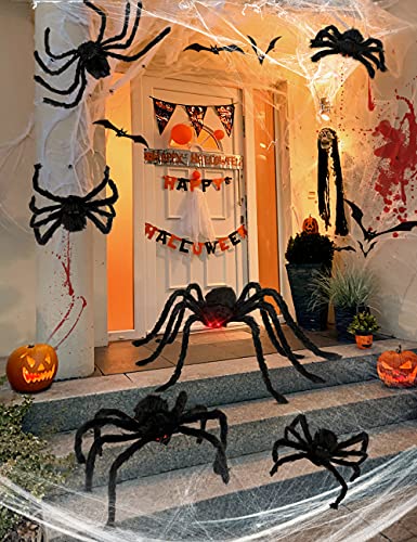 HOPOCO Halloween Plush Spiders Set (6 pcs Red Eyes Spider (47",35",30",24'',20",12") Sizes, Scary Fake Spider for Indoor Outdoor Halloween Decor for Home Party Yard Haunted House Decorations