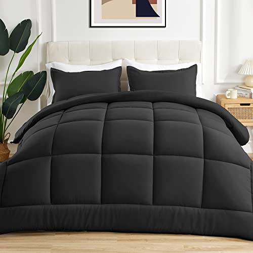 Sonive All Season Comforter Soft Fluffy Breathable Microfiber 200gsm Down Alternative Bedding Duvet Insert with 8 Corner Tabs Easy Care (Black, Queen)