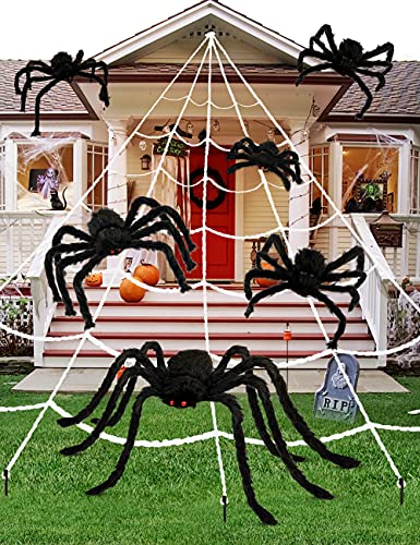 HOPOCO Halloween Plush Spiders Set (6 pcs Red Eyes Spider (47",35",30",24'',20",12") Sizes, Scary Fake Spider for Indoor Outdoor Halloween Decor for Home Party Yard Haunted House Decorations