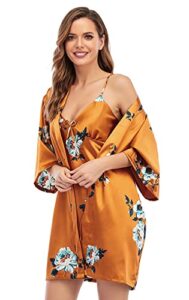 escalier women's silk satin pajamas sets 2pcs floral silky pj robe set with chemise nightgown orange floral s