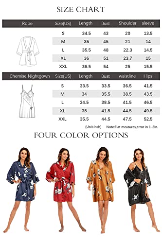 Escalier Women's Silk Satin Pajamas Sets 2Pcs Floral Silky Pj Robe Set with Chemise Nightgown Orange Floral S
