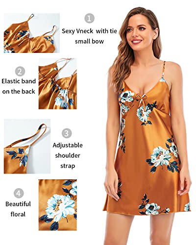 Escalier Women's Silk Satin Pajamas Sets 2Pcs Floral Silky Pj Robe Set with Chemise Nightgown Orange Floral S