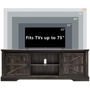 OKD Farmhouse TV Stand for 75 Inch TV with Sliding Barn Door, Rustic Wood Entertainment Center Large Media Console Cabinet Long Television Stands for 70 Inch TVs, Dark Rustic Oak