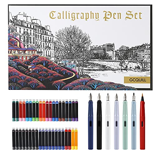 GC QUILL Calligraphy Pen Set, 7 Calligraphy Fountain Pens with Different Nibs and 40 Ink Cartridges, Calligraphy Set for Beginners- MU-09