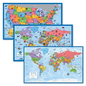 3 pack - illustrated world map & usa map for kids + world map poster [blue ocean] (laminated, 18" x 29")