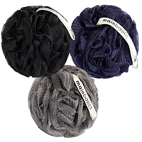 MainBasics Bath Shower Loofah Sponge Pouf Body Wash Scrubber (Set of 3) (Black Ice)